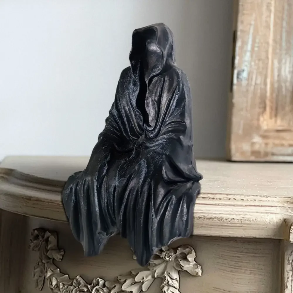 Horror Gothic Black Robed Sitting Garden Sculpture Halloween Decor Black Clothes Mysterious Master Ornament
