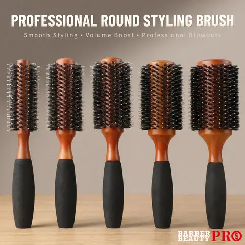 Professional 5 Sizes Boar Bristle Round Hair Brush Wooden Anti Slip Handle Salon Home Blow Dry Curling Volume Styling Brush