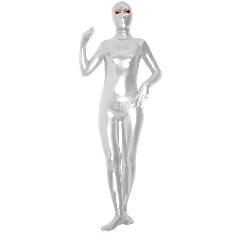 Błyszczące metalowe Unitard Zentai garnitur z otwartymi oczami jeden kawałek mokry wygląd srebrny mężczyźni Full Body Lycra kombinezon Christmas Party kostium