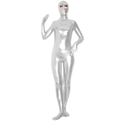 Shiny Metallic Unitard Zentai Suit with Eyes Open One Piece Wet Look Silver Men Full Body Lycra Catsuit Christmas Party Costume