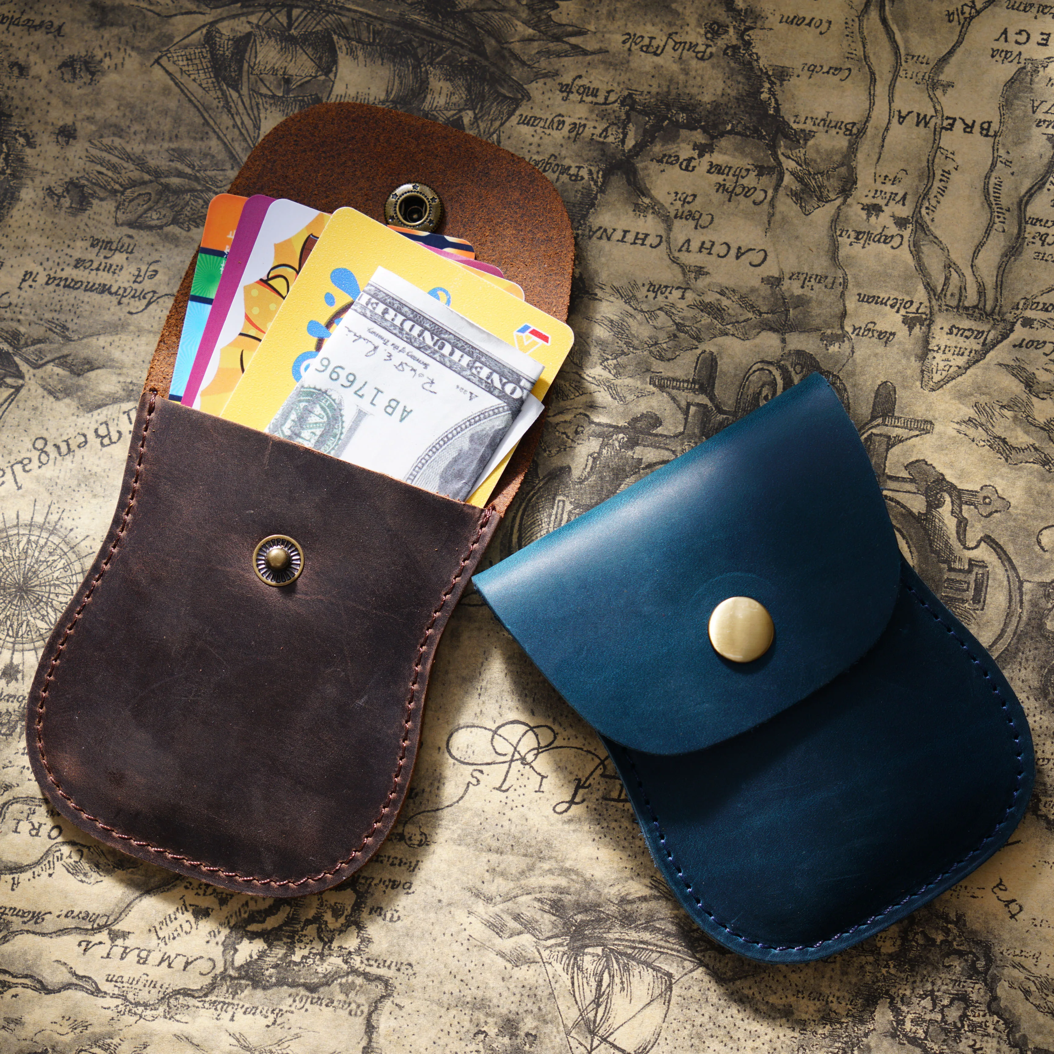 Vintage Leather Card Holder Wallet for Men & Women, Handmade Crazy Horse Cowhide Minimalist RFID Blocking Coin Pocket, Retro Br