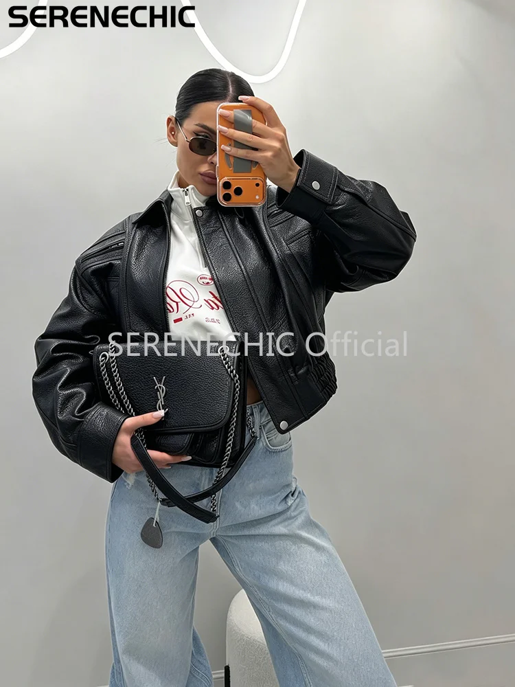 SERENECHIC Textured PU Aviator Coat with Elastic Hem Women's Black Cropped Faux Leather Jacket New Vintage Outerwear Female
