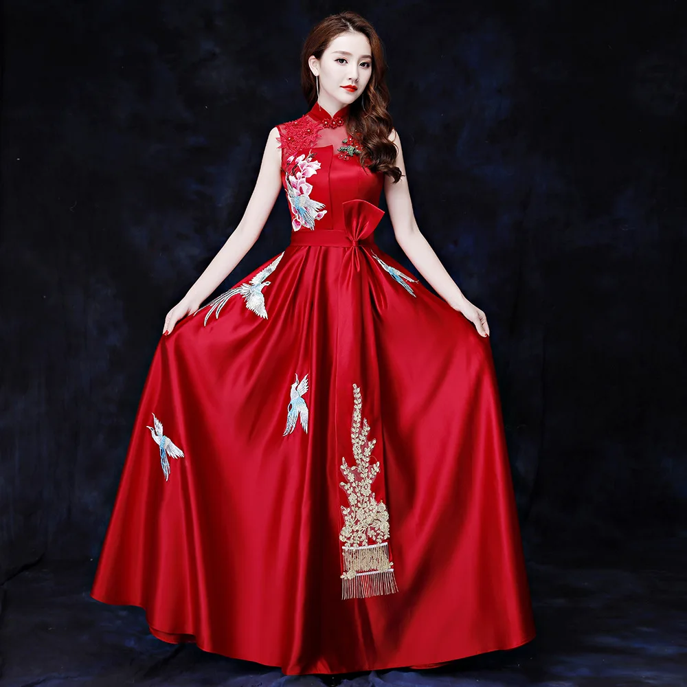 

Elegant Satin Formal Party Dress Banquet Dress Chinese Style Applique Embroidery Qipao Cheongsam Choral Performance Costumes