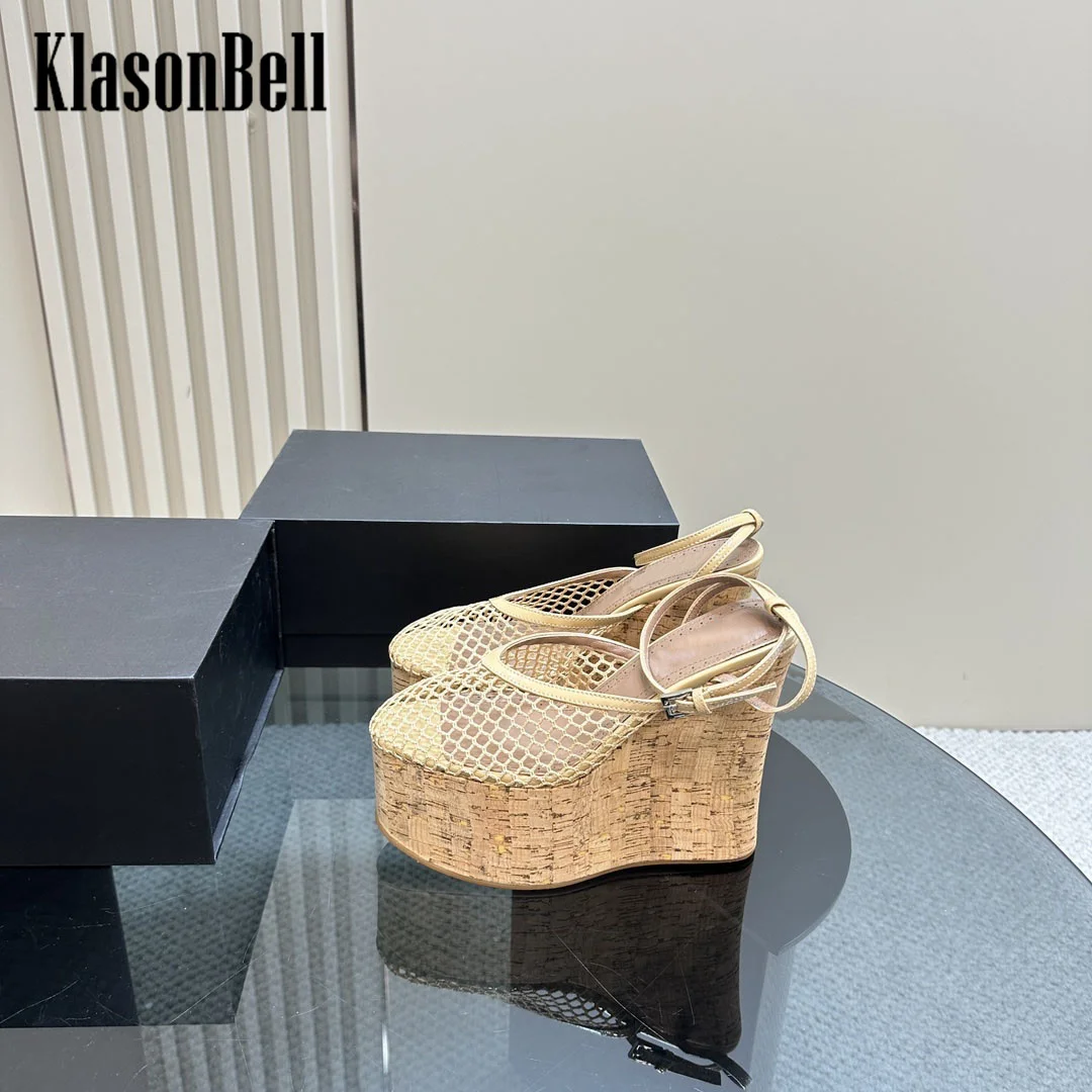 7.22 KlasonBell Women Fashion Thick Sole Mesh Sandals Wedges Heel Patent Leather Buckle Strap Sandals