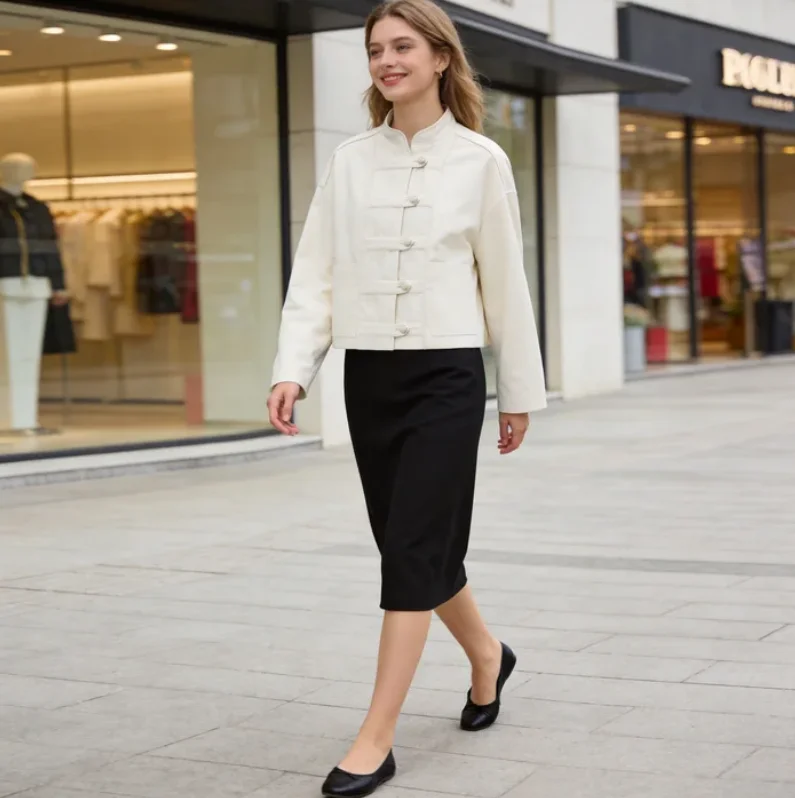 

Women's Jacket 2026 Spring New Stand Collar Button Solid Color Long Sleeve Short Coat Elegant Commuter Outerwear