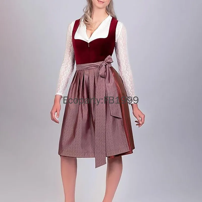 Costume de Cosplay de Bière Allemande pour Femme, Robe Dirndl en Velours Rouge avec Tablier, Tenues de ixde Carnaval