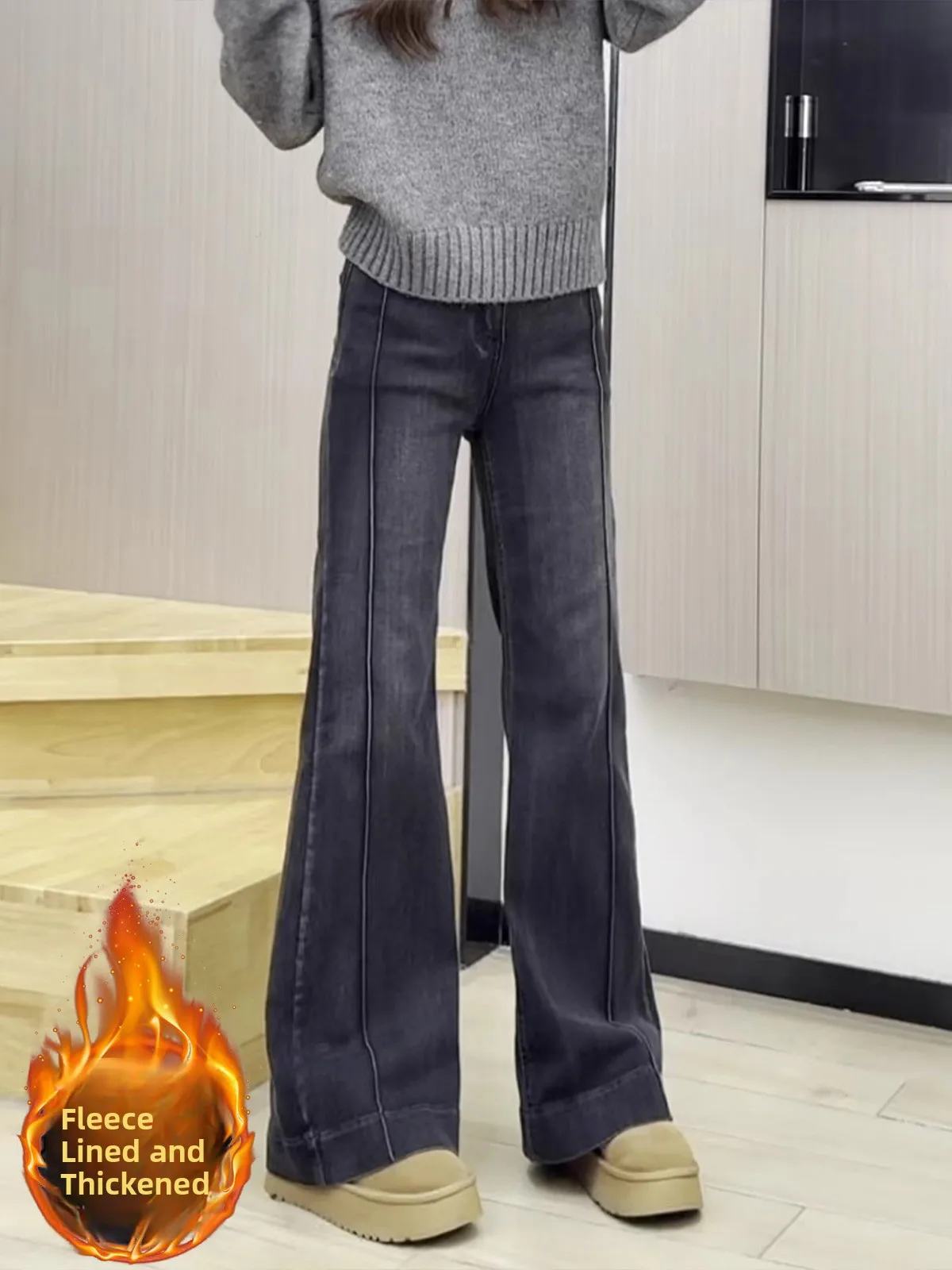 

Женские джинсы с высокой талией, на флисовой подкладке, микро-клеш, осень-зима 2025, новинка, утягивающие, уникальный дизайн, универсальные, расклешенные