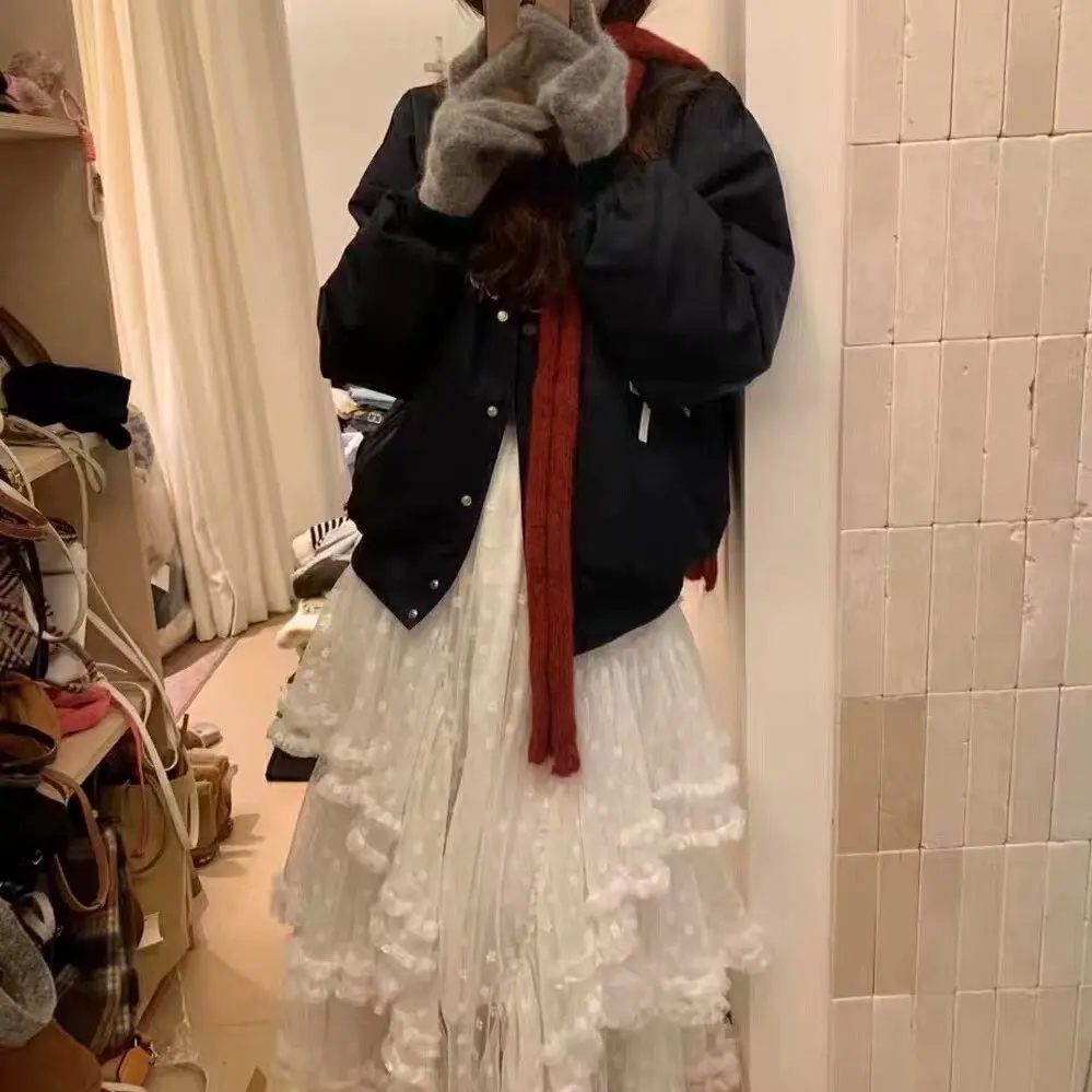 Early Spring Cake Style Half Skirt with Heavy Embellishment Floral Lace Elastic Waist Irregular Hemline Versatile Women's Skirt