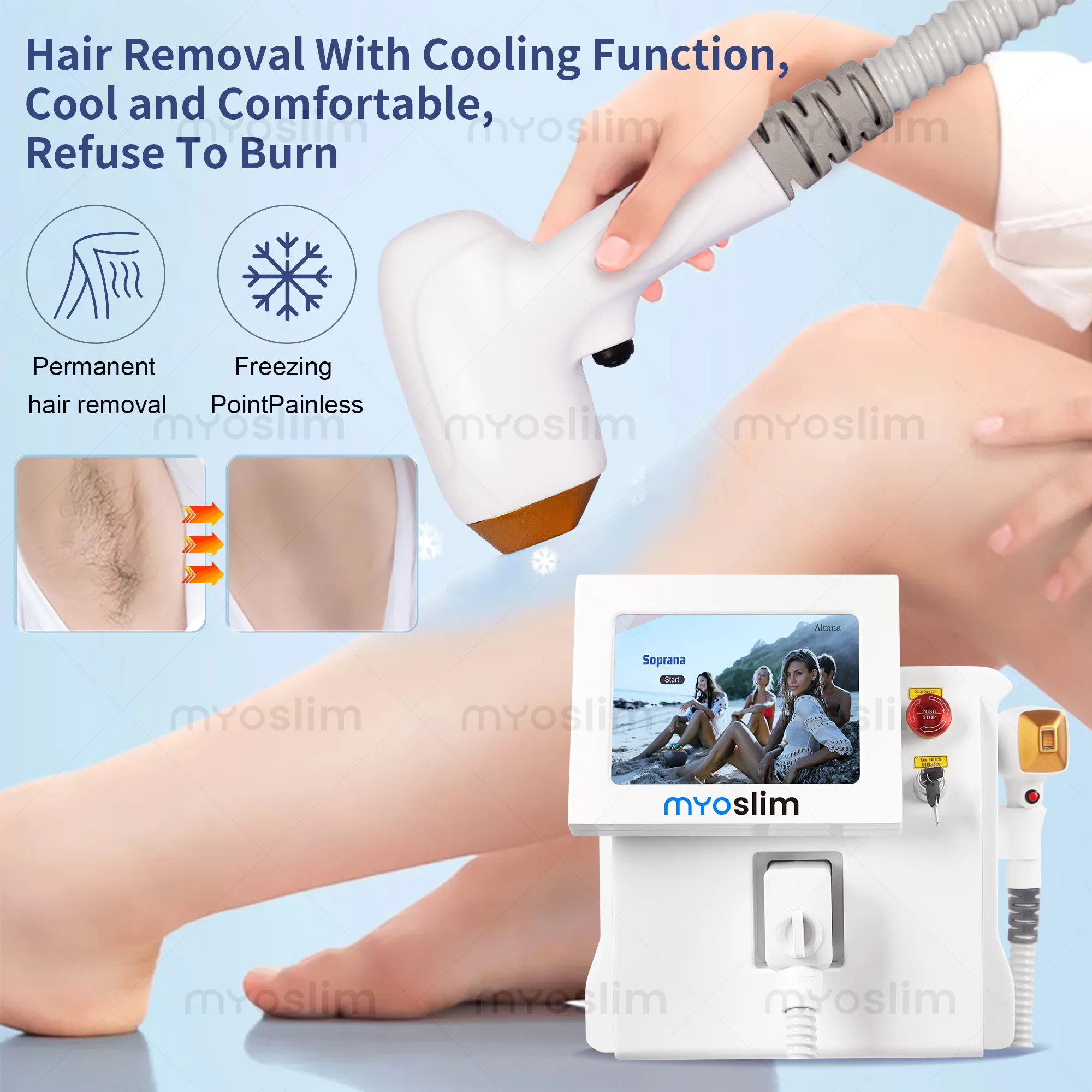 

Myoslim Профессиональное 808 нм диодное устройство для удаления волос с лазерным охлаждением, постоянное, безболезненное и эффективное устройство для удаления волос