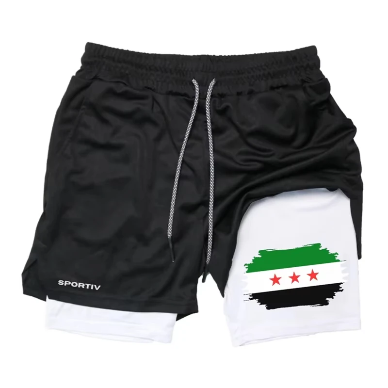 

Logo Print 2-in-1 Men's Sports Shorts Patriotic Sports Quick-drying Shorts with Mobile Phone Pocket Gym Workout Running Shorts
