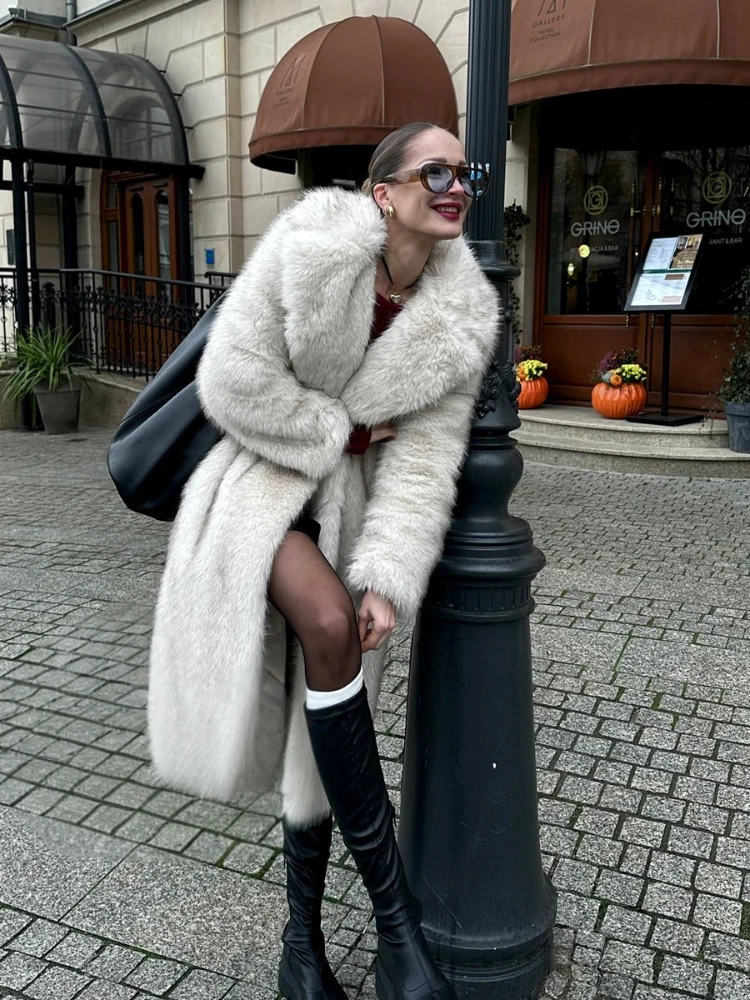 Abrigo largo blanco de piel sintética para mujer, chaqueta grande de otoño e invierno, abrigo con bolsillos y cuello vuelto, Parkas gruesas, chaquetas cálidas, abrigos Maxi