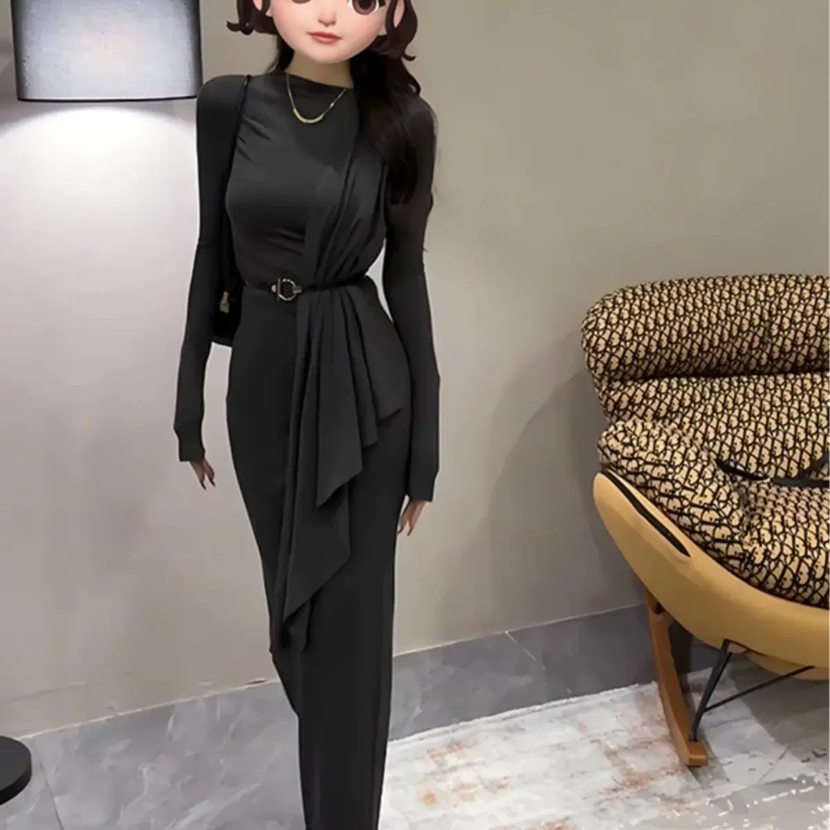 French Temperament Ribbon Long -sleeved Dress Women's Winter New Waist Slim Hip Skirt with Long Skirt Inside