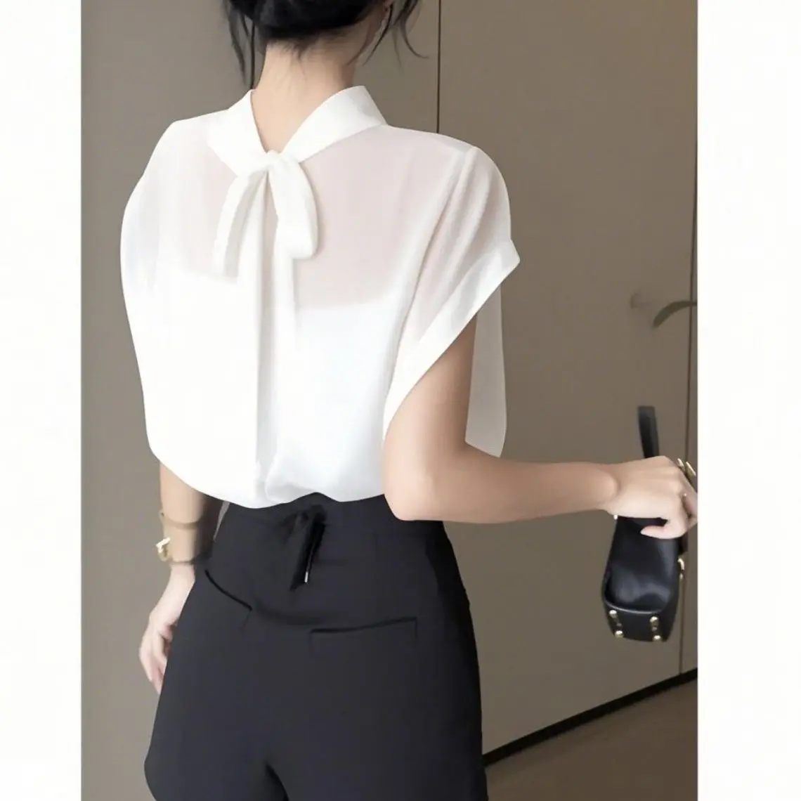 

White Chiffon Breathable Tie Ba Tank Top Women's Summer Faionable Ultra Fairy T irt Loose Fit Korean Sle ort Sve