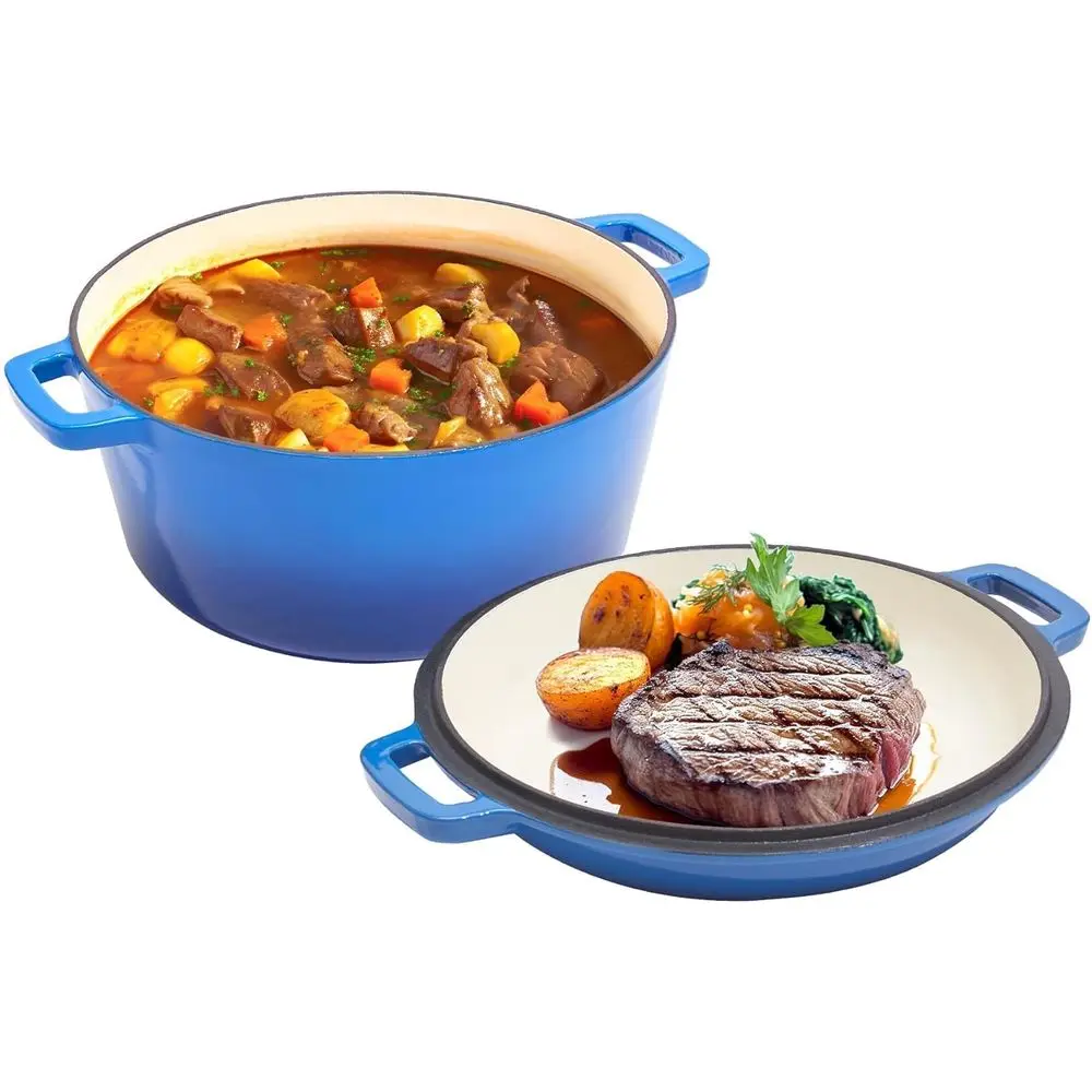 

2 in 1 Enameled Cast Iron Dutch Oven Pot 6QT with 2QT Lid - Big Dual Handles - Oven Sae up to 500° - Classic Round Pot or tile C
