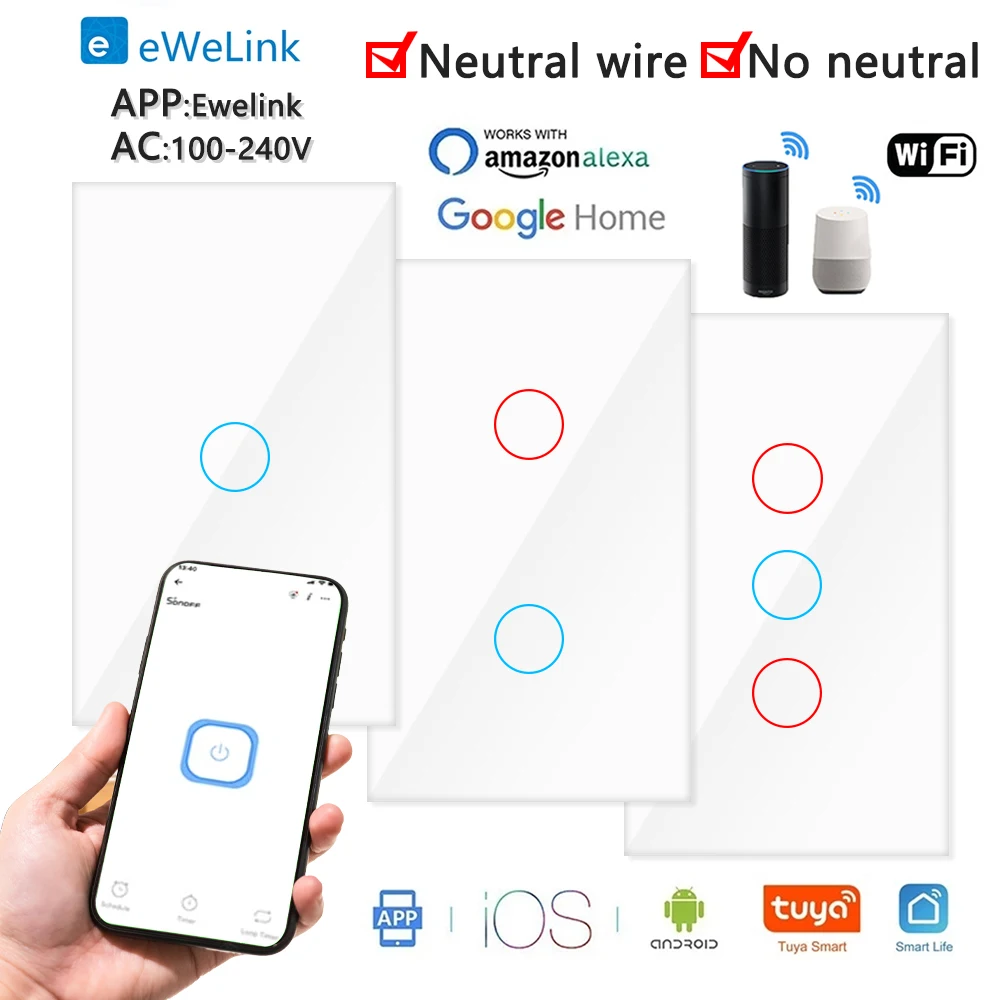 Wifi Smart Switch Bluetooth RF EWelink App Alexa Google voice control Neutral wire/No neutral  Touch light switch wire Install