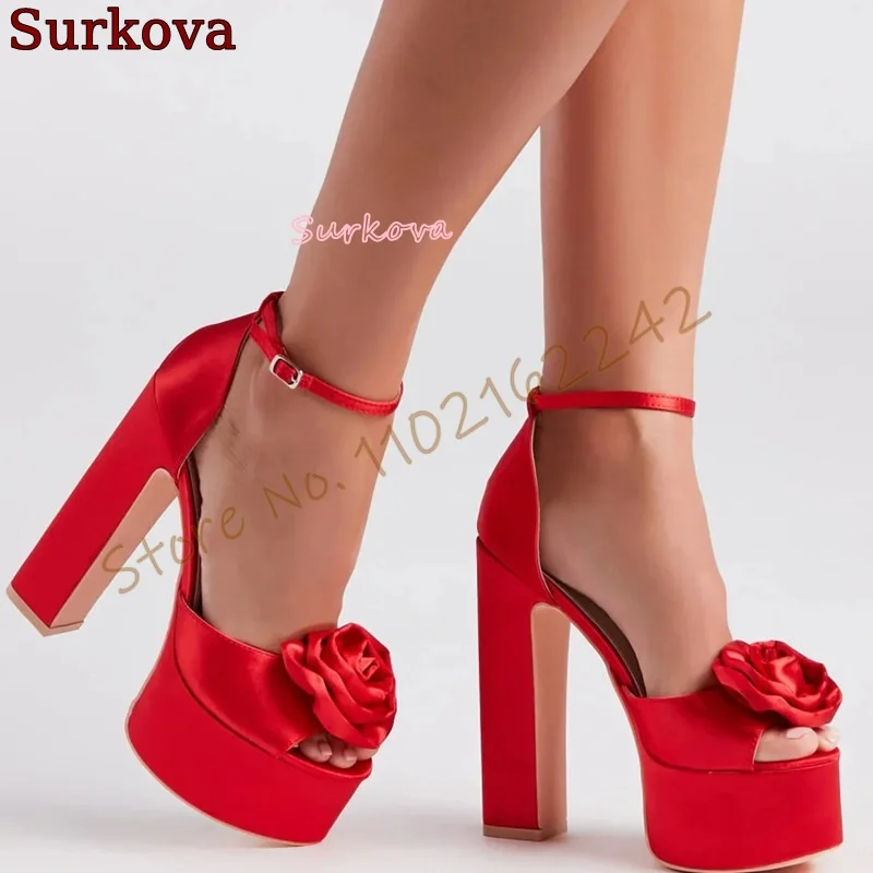 

Red Satin Flower Sandals Open Toe Chunky Heel Buckle Strap Water Platform Shoes Women'S Elegant Party Banquet Dress High Heels