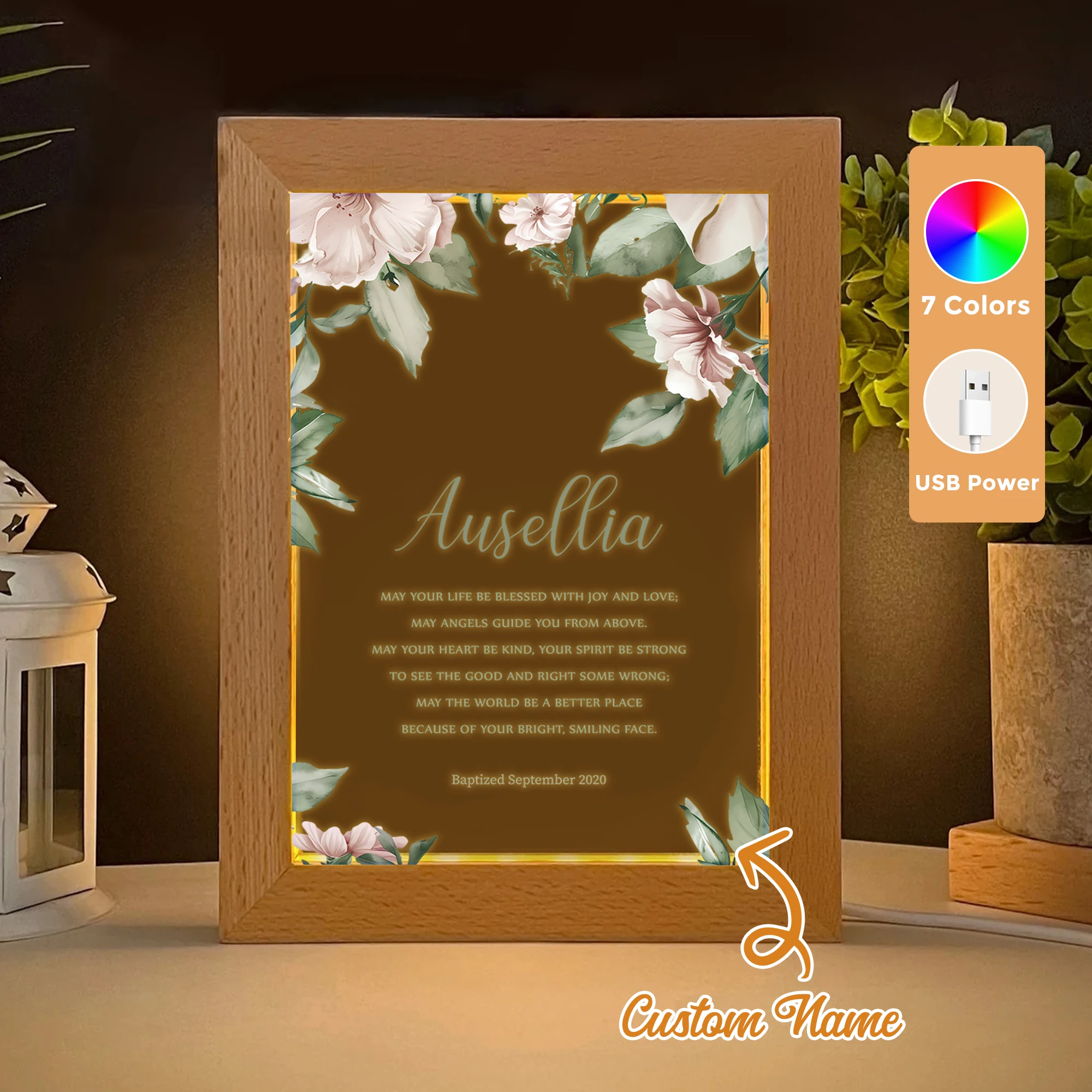 

2D Flat Custom Name Bouquet Christian Baptism LED Acrylic Night Light Wood Photo Frame 21x17cm Family Bedroom Gifts Home Decor