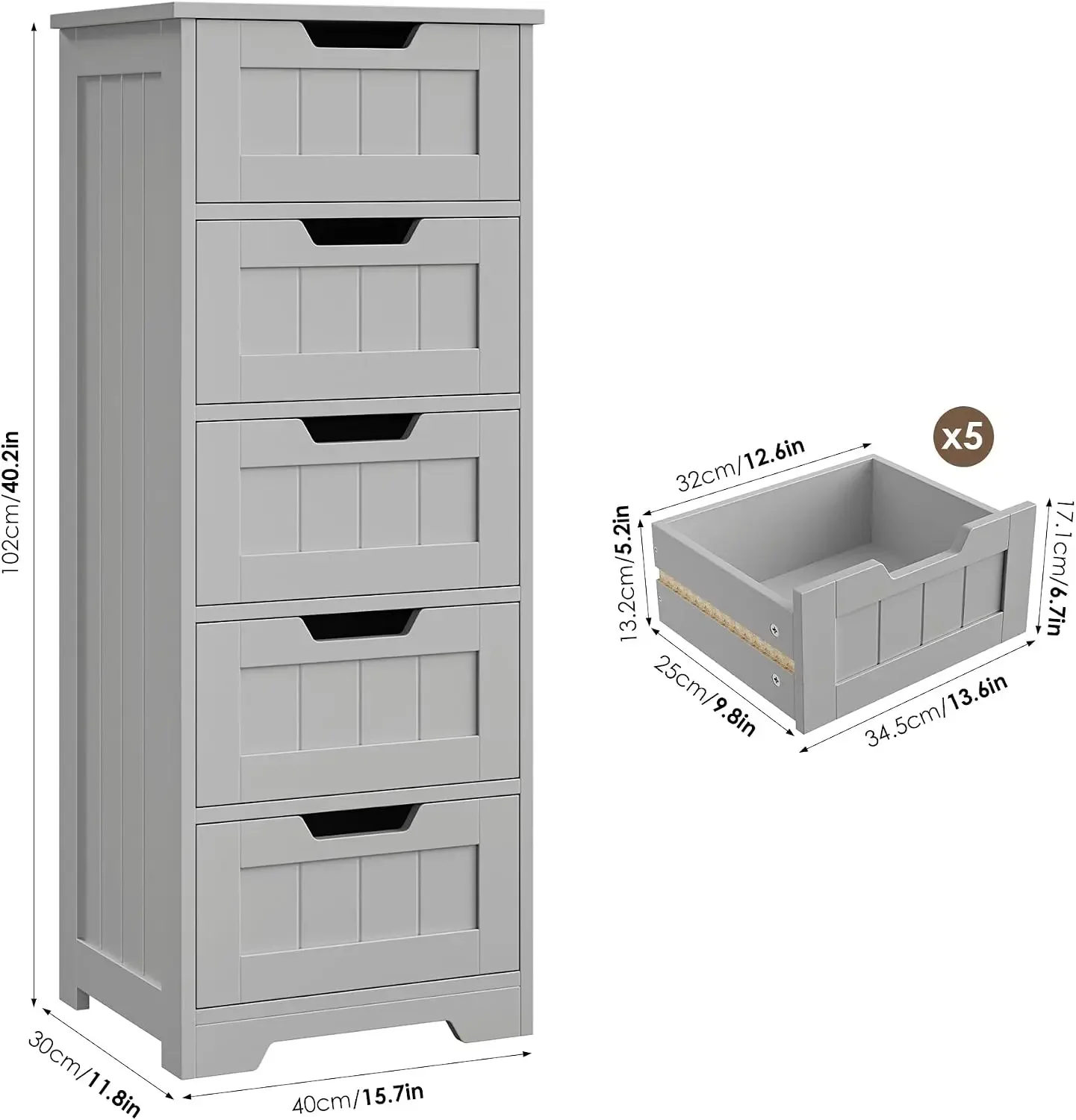 Bathroom Cabinet, Bathroom Storage Cabinet with 5 Drawers, Grey | Narrow Bathroom Storage with Cut-Out Handles, 11.8” x 15.7” x