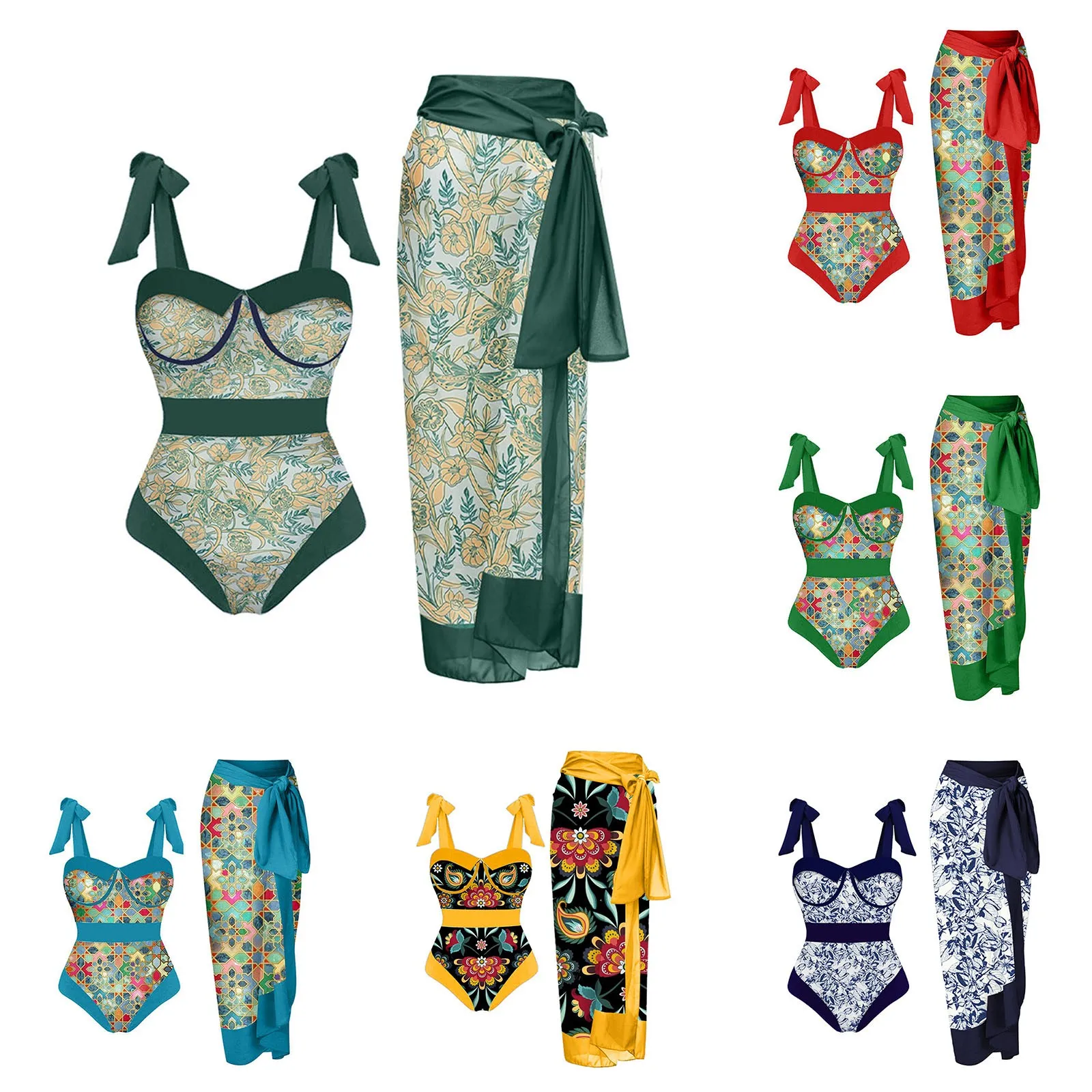 ملابس سباحة بألوان عتيقة مطبوعة زهرية للرجال والنساء ، قطعة واحدة تغطي ، شورت جينز رجالي ، 2