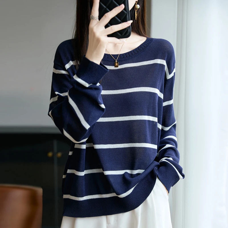 

2025 autumn and winter women's cashmere sweater fashion knitted pullover loose striped sweater knitted sweater top clothing