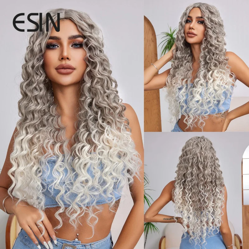 ESIN Synthetic Ombre Dark Gray to Light Gray Color Wigs Medium Long Loose Body Wave Wig Hair Cosplay Natural Daily Use for Women