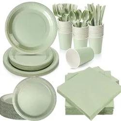 Solid Color Sage Green Party Supplies Disposable Tableware Jungle Safari Paper Cup Plate Napkin Tablecloth for Kids Baby Shower