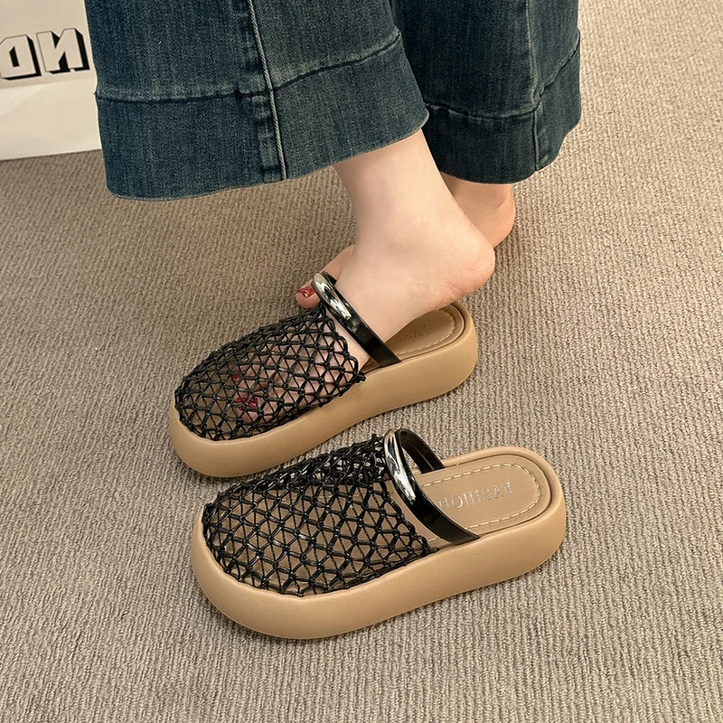 New Women's French Fishnet Closed Toe Mules, Hollow Woven Luxury Elegant Slippers, Chic Summer Outdoor Breathable Slide Sandals