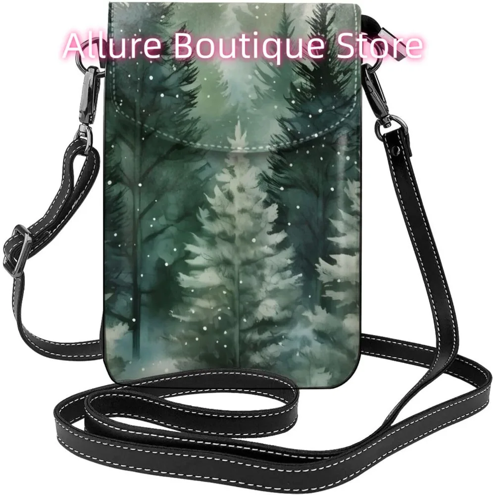 

Рождественская елка с лесным принтом, сумка через плечо для женщин, маленькая дорожная сумка из искусственной кожи для мобильного телефона, легкий мини-кошелек для телефона, кошелек