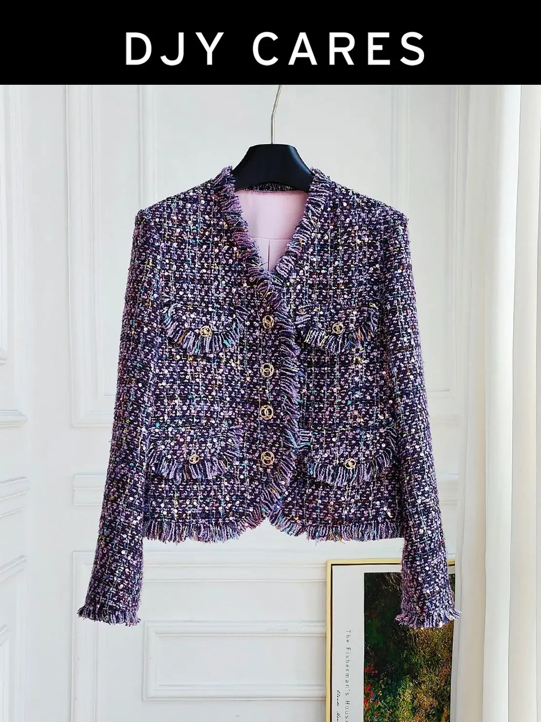

New Coarse tweed high-end purple fashionable tassel jacket top big size