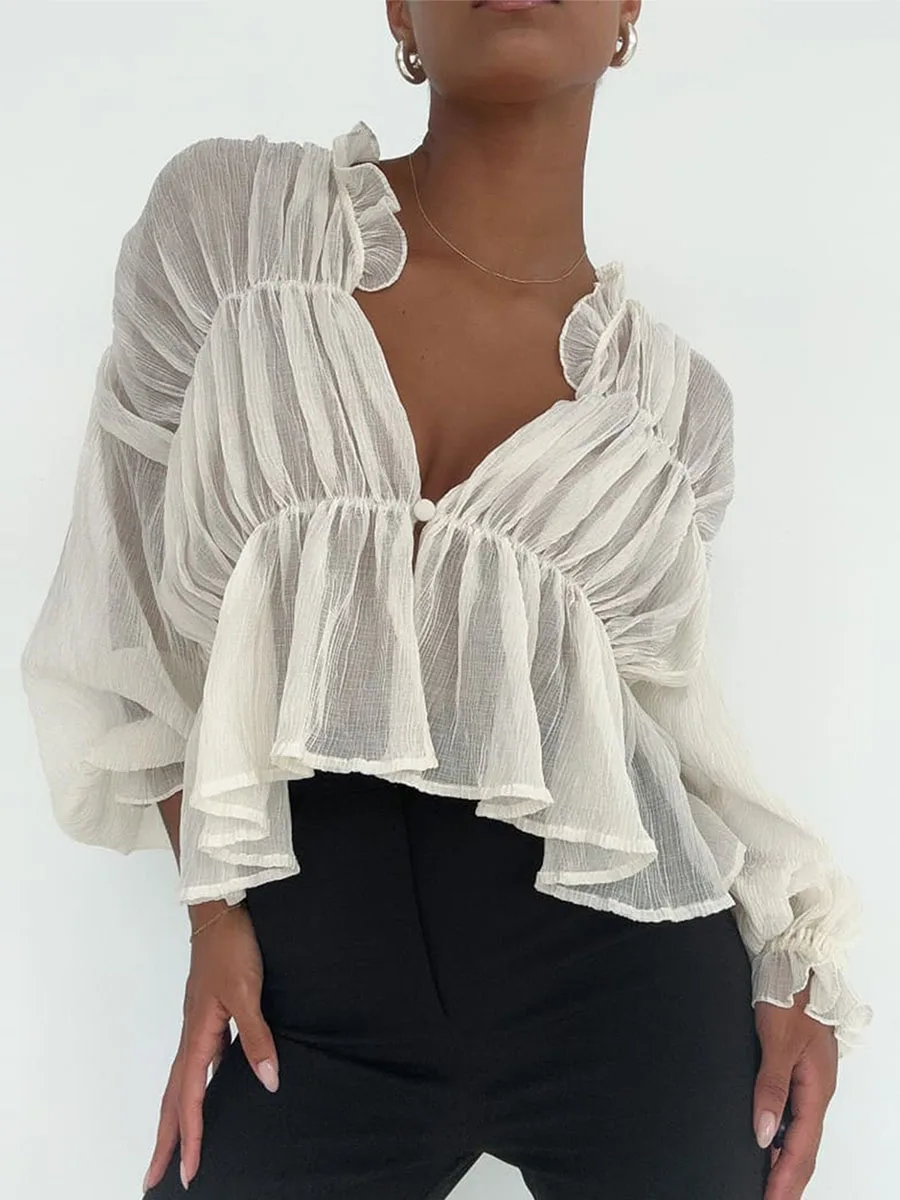 Women s Sheer Mesh Button Up Shirt Long Lantern Sleeve V Neck Peplum Tops Pleated Ruched See Through Blouse Tops