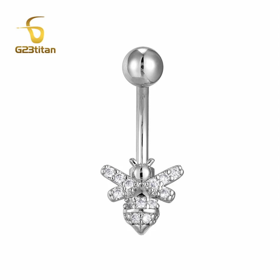 14G  8-14mm Length Titanium Barbell Belly Button Ring Silver Color Zircon Bee Navel Earring Women Piercing Fashion Body Jewelry