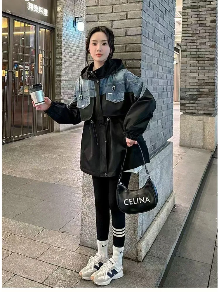 Denim Patchwork Windbreaker Jacket Women Spring Autumn Fashion False Two Pieces Coat Casual Fashionable Medium-length Tops Trend