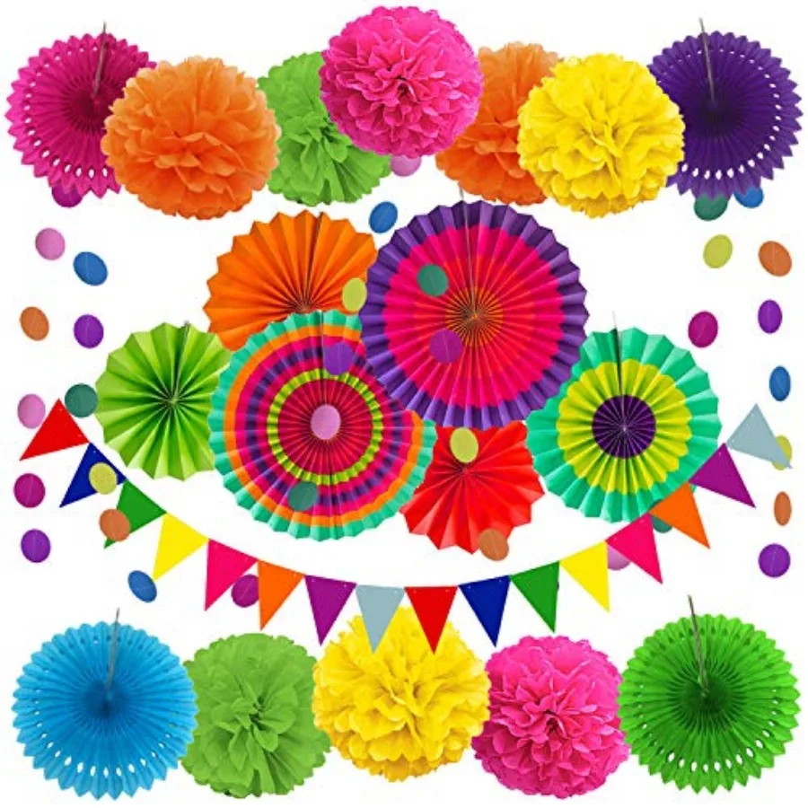 Party Decoration, 21 Pcs Multi-color Hanging Paper Fans, Pom Poms Flowers, Garlands String Polka Dot and Triangle Bunting Flags