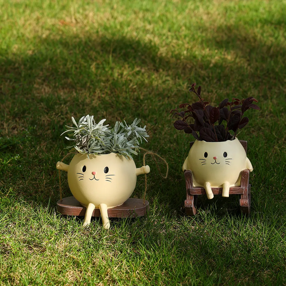 Potted cat swing rocking chair ornament home outdoor garden flower pot decoration resin handicraft