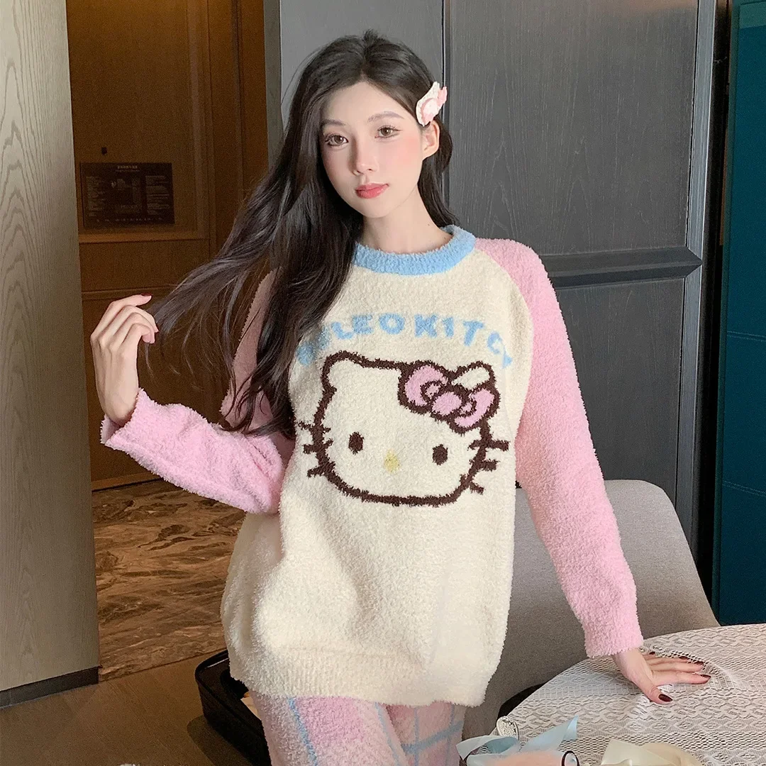 Hello Kitty Color Block Fleece Pajamas Long Sleeve Top Pants Soft Autumn Homewear Winter Sleepwear Clothing Sets for Women