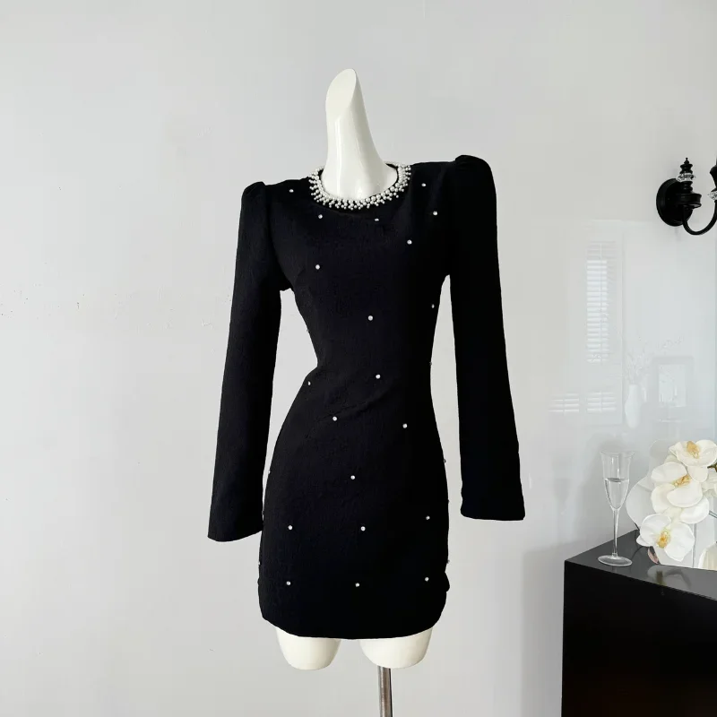 

Women Round Neck Beaded Black Birthday Party Dress Long Sleeve French Hepburn Elegant Sweet White Wedding Chic Mini Dress