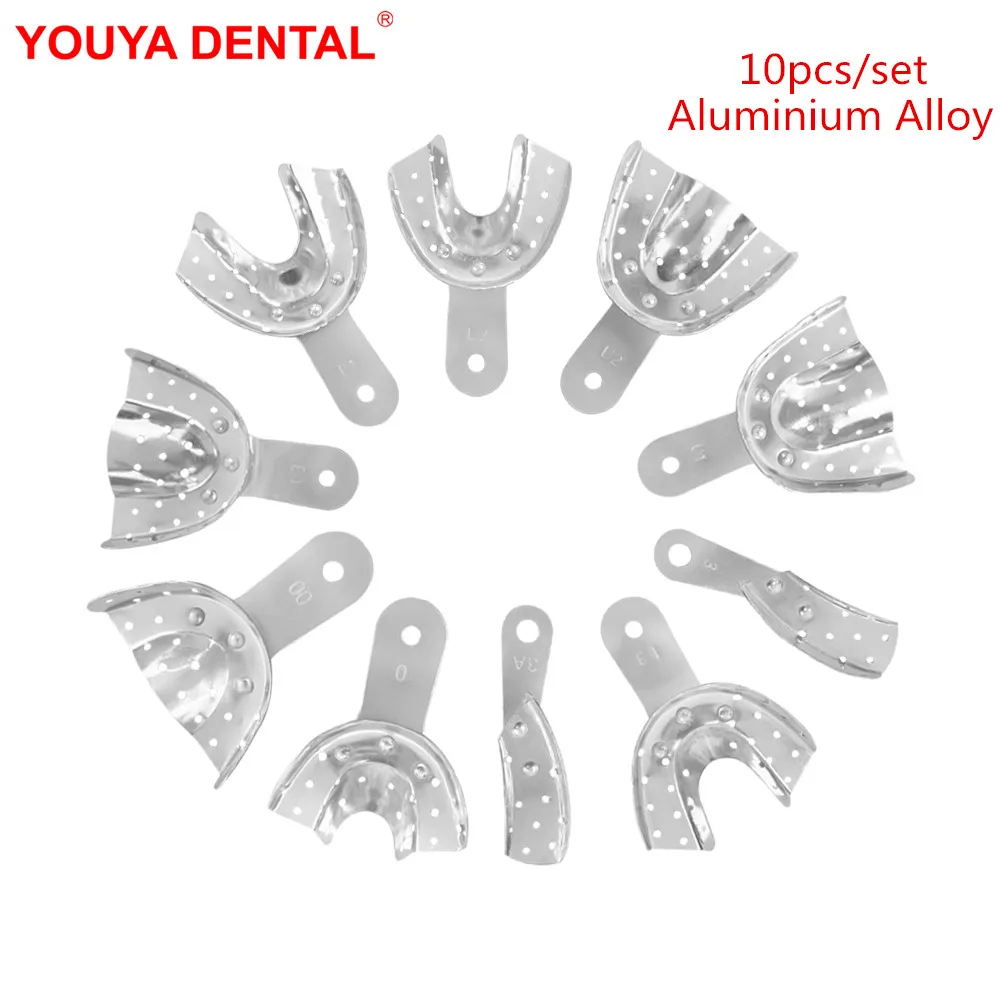 

10pcs Dental Impression Trays Aluminium Alloy Dentistry Metal Teeth Tray Holder Dentist Orthodontic Full Set Denture Instruments