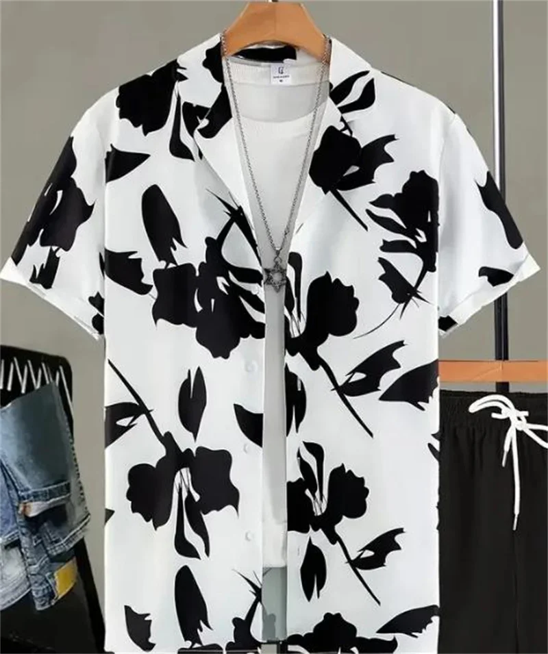 Men\'s Hawaiian floral pattern print shirt with lapels, button fly and short sleeves, stylish and fashionable design, comfortable