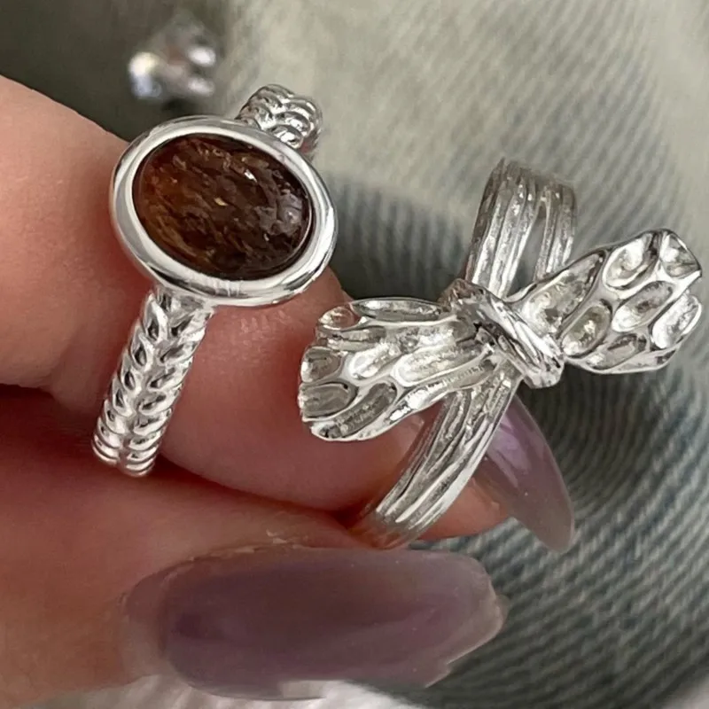 VENTFILLE 925 Sterling Silver Tiger's Eye Bowknot Ring For Women Matte Fold Texture Design Ins Jewelry Gift Dropshipping
