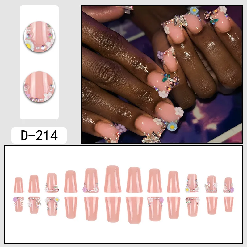 10pcs น่ารักสั้น Duckbill เล็บปลอมแฟลช Rhinestone ดอกไม้ผีเสื้อ Designs กดบนเล็บสีชมพูเต็มเล็บปลอม