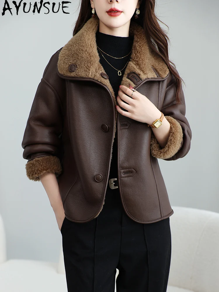 AYUNSUE 100% Wool Coat Women 2025 Sheep Shearling Jackets Winter Clothes Female Motocycle Jacket Fur Integrated Пальто Женское