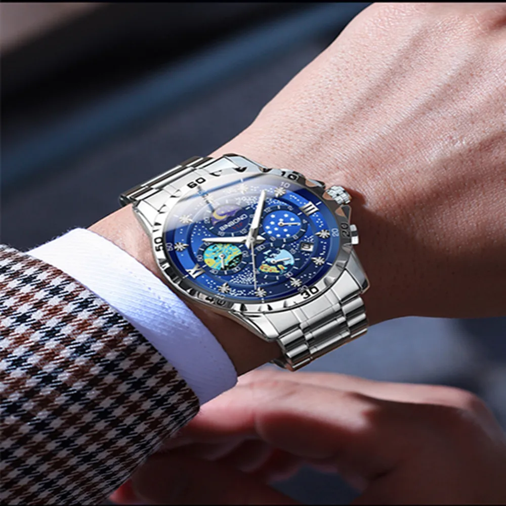 Binbond นาฬิกาสำหรับผู้ชาย3225หน้าปัดลายท้องฟ้าดาวนาฬิกาควอตซ์นาฬิกาแฟชั่นดวงจันทร์ปฏิทินนาฬิกาข้อมือผู้ชายกันน้ำเหล็ก