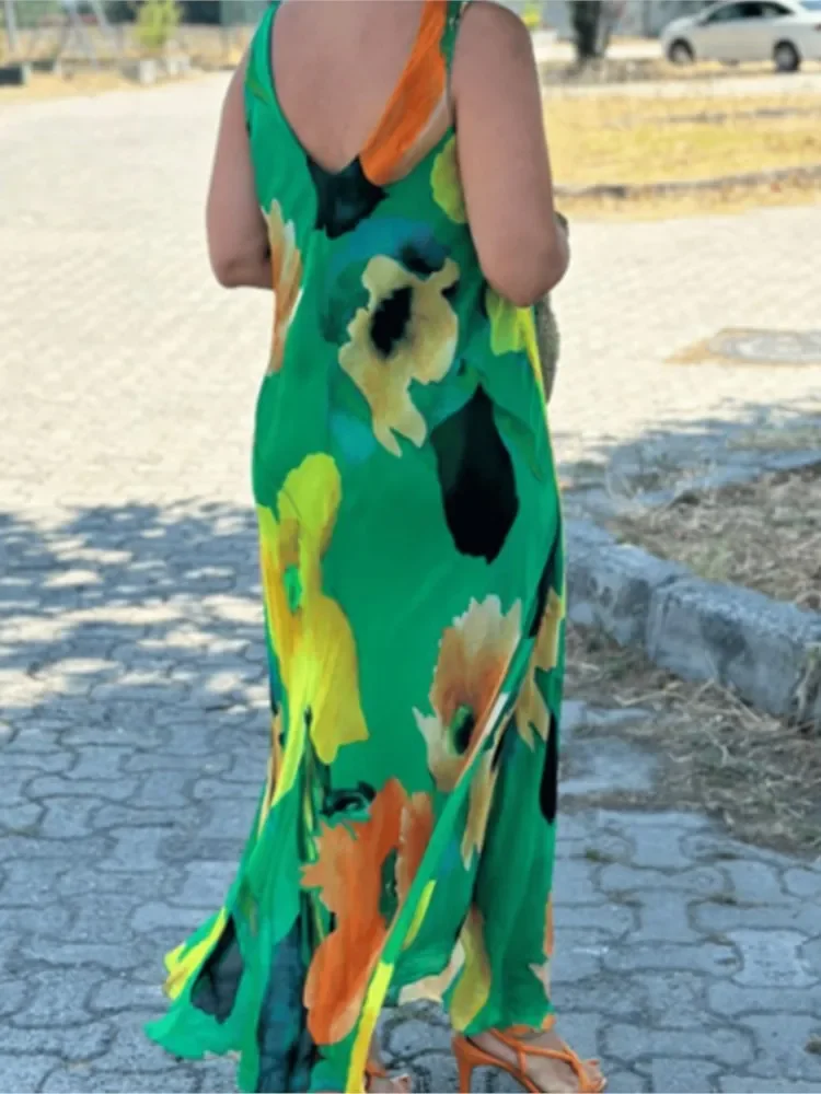 여성을위한 우아한 맥시 드레스 민소매 U 넥 꽃 프린트 느슨한 허리 롱 드레스 여성 캐주얼 패션 숙녀 드레스 여름