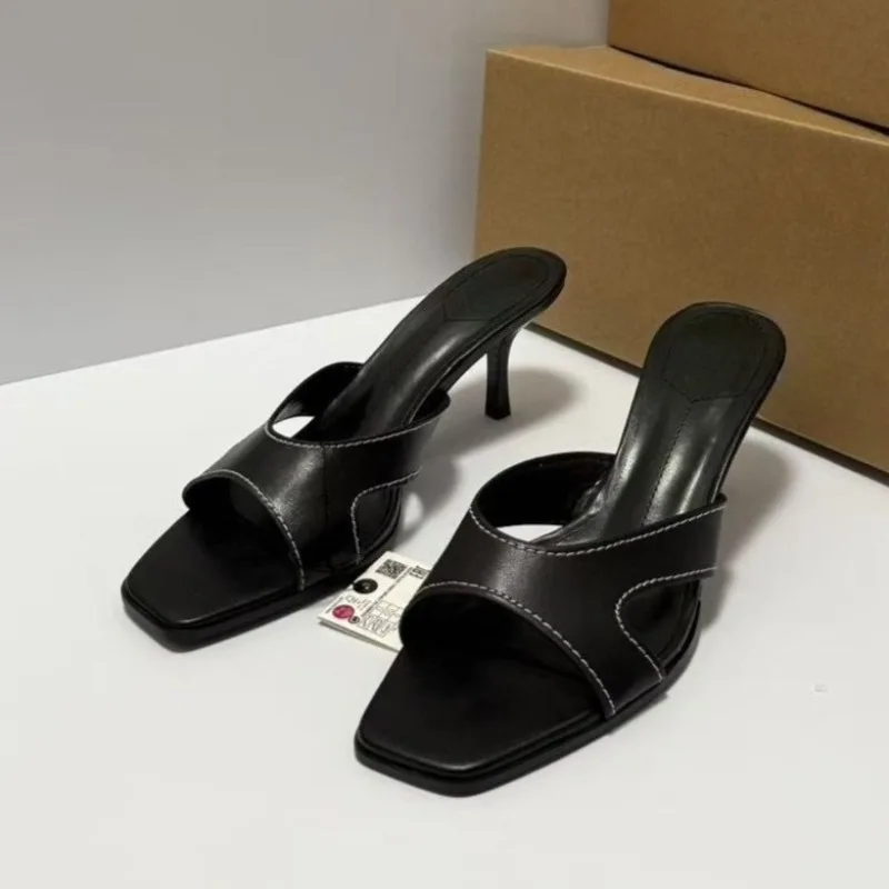 Comfort Square Toe High Heels Women Sandals Stitching Leather Summer Daily Casual Stiletto Big Size Mules Chic Female Shoes
