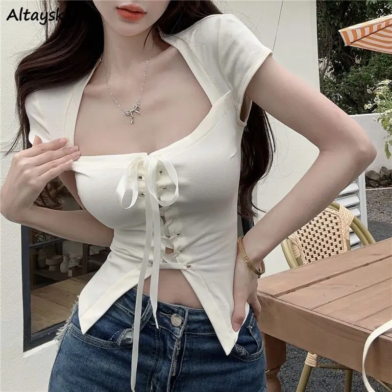 Short Sleeve Tshirts Women Bandage Streetwear Summer Slouchy Leisure Ulzzang Slim Tops New Aesthetic Simple Fashion Sexy Chic