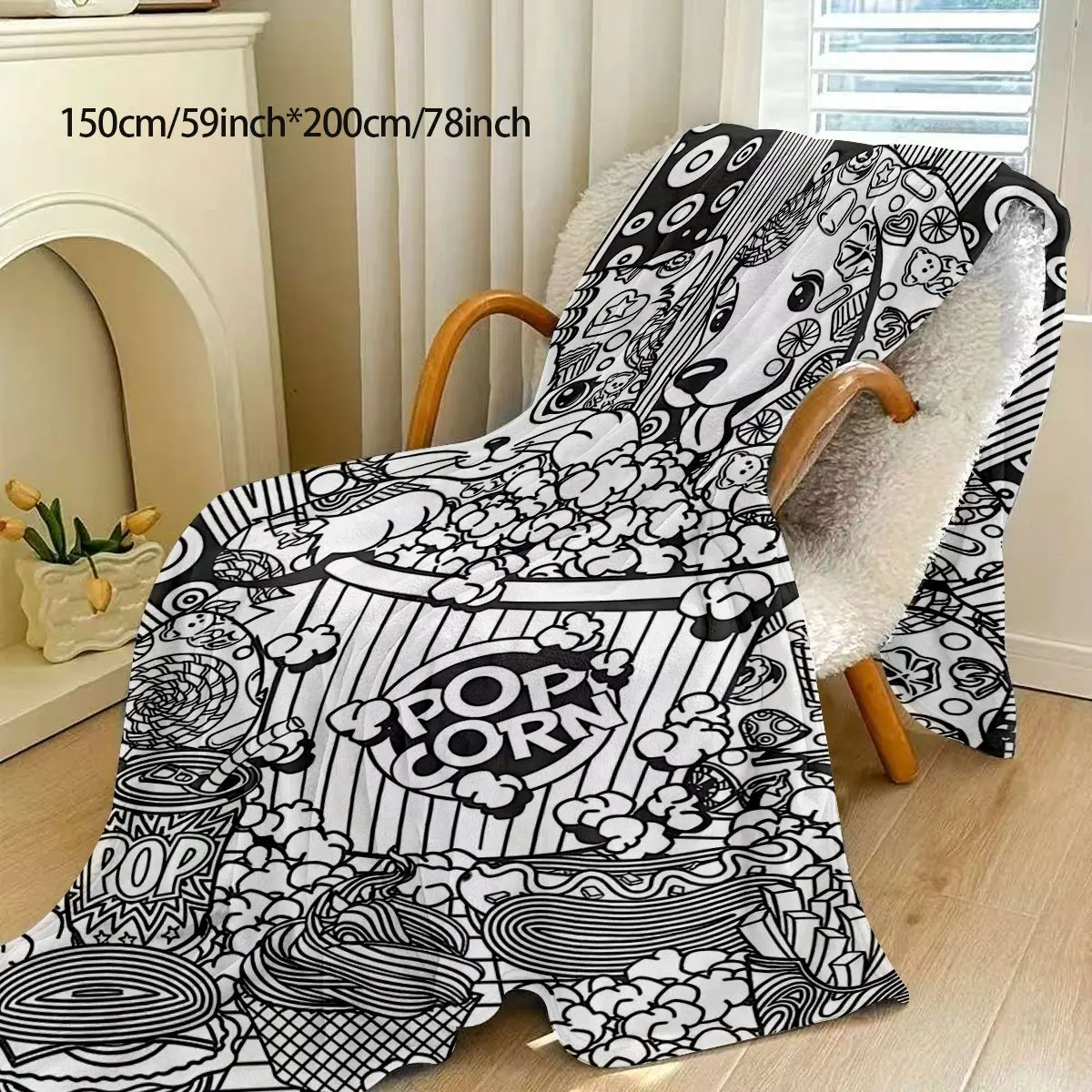 Black And White Graffiti Style Cat And Dog Pattern Fleece Blanket, Cute Pet And Popcorn Theme Coloring Blanket, Soft And Skin-Fr