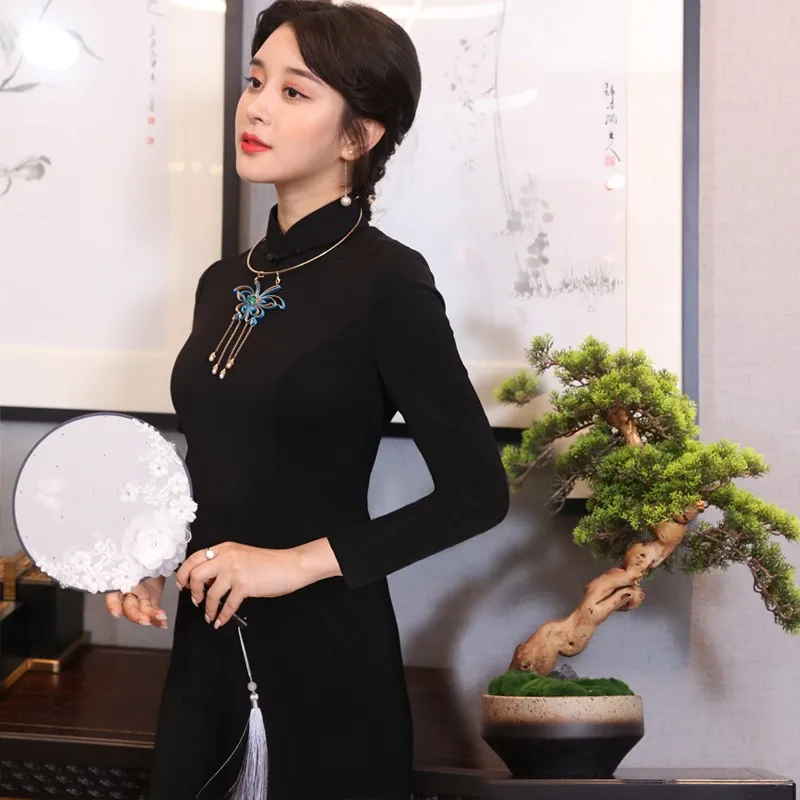 

Younger Style Long Sleeve Black Qipao Dance Costume Improved Version Fashion Show Body Training Suit High Slit Retro Design