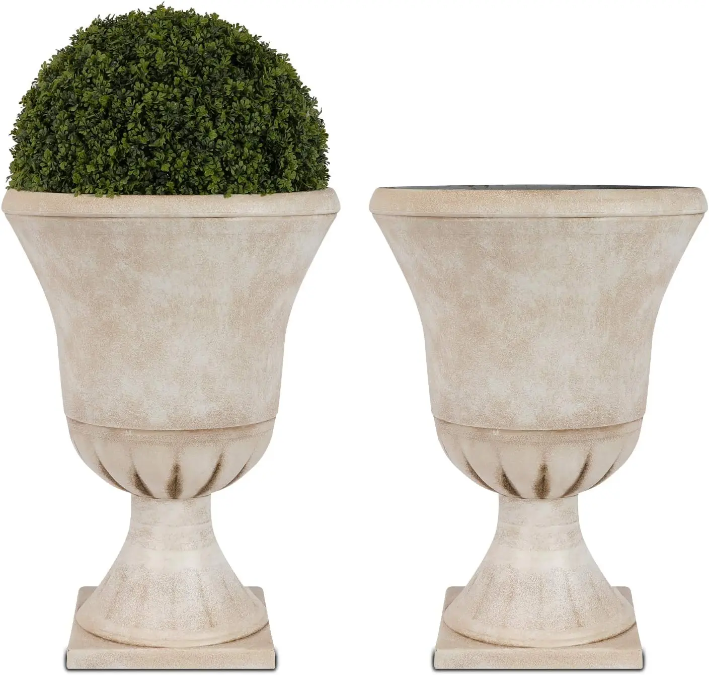 th Garden Plastic Urn Planters For Outdoor Plants, Tree 22'' Tall 2 Pack Round Classic Resin Flower Pots Indoor Beige