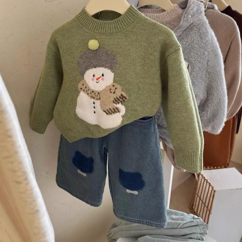 

Girls Knit Sweater Set 2025, Toddler Cartoon Top & Thick Jeans Outfit Winter Fashion
