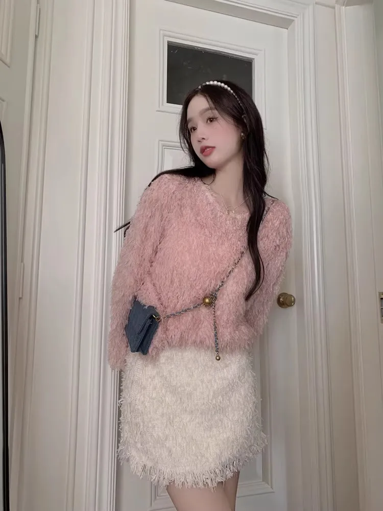 Fluffy Sweaters Women Sweet Loose Autumn Winter Tassel Fairycore Korean Style Streetwear O-neck Aesthetic Exquisite Prevalent